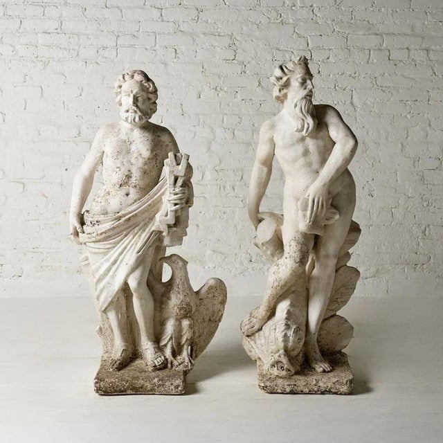 A magnificent and exceptionally rare pair of late 19th century French concrete statues depicting Zeus and Poseidon — the...