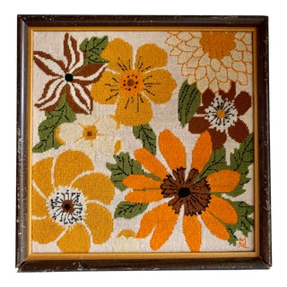 Midcentury Groovy Needlepoint Floral Wall Decor For Sale