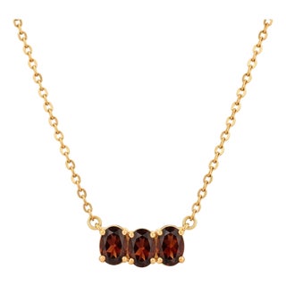 Natural Red Garnet 3 Stone Necklace | 18k Gold Plated January Birthstone Bar Necklace | Dainty Gemstone Choker Layering Minimalist Necklace For Sale
