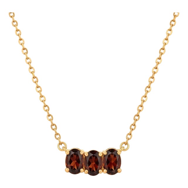 Natural Red Garnet 3 Stone Necklace | 18k Gold Plated January Birthstone Bar Necklace | Dainty Gemstone Choker Layering Minimalist Necklace For Sale