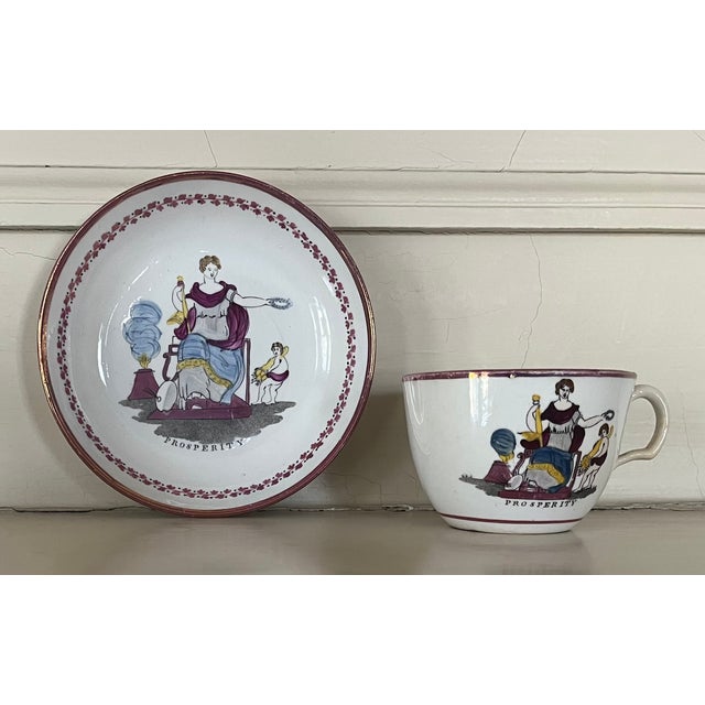 Early 19th Century Antique 19th C. English Regency Pink Luster Porcelain Tea Cup & Saucer With Prosperity Crest 1810 For Sale - Image 5 of 12