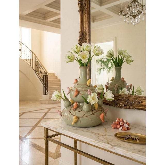 Vintage Italian Hand-Painted Ceramic Bird Tulipiere & Bud Vase For Sale In West Palm - Image 6 of 11