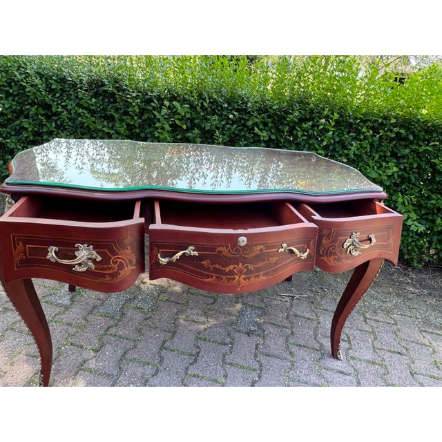 French Circa 1970 French Louis XVI Mahogany Bronze Writing Desk For Sale - Image 3 of 12