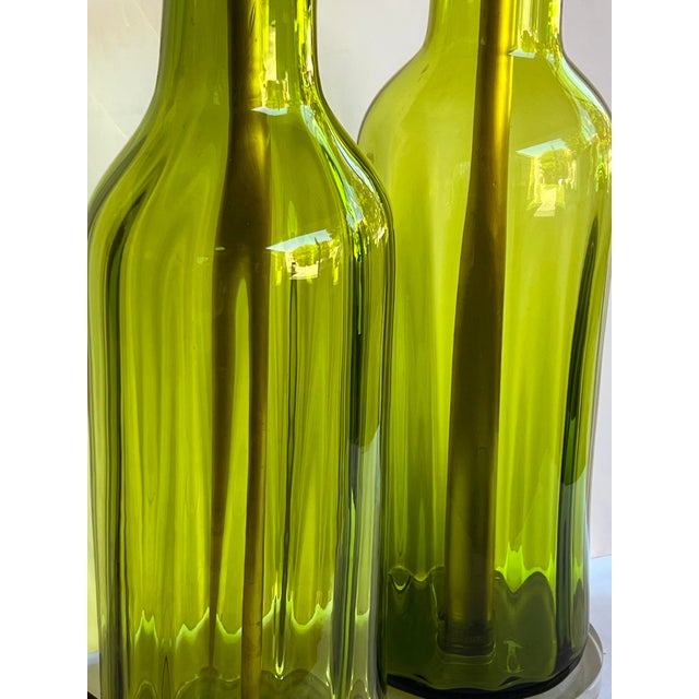 Blenko Large Pair Blenko Mid Century Olive-Green Ribbed Vases Now as Lamps For Sale - Image 4 of 7