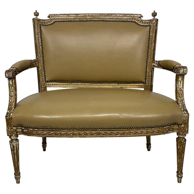 19th Century Italian Diminutive Painted Settee in Tan Leather For Sale - Image 9 of 18