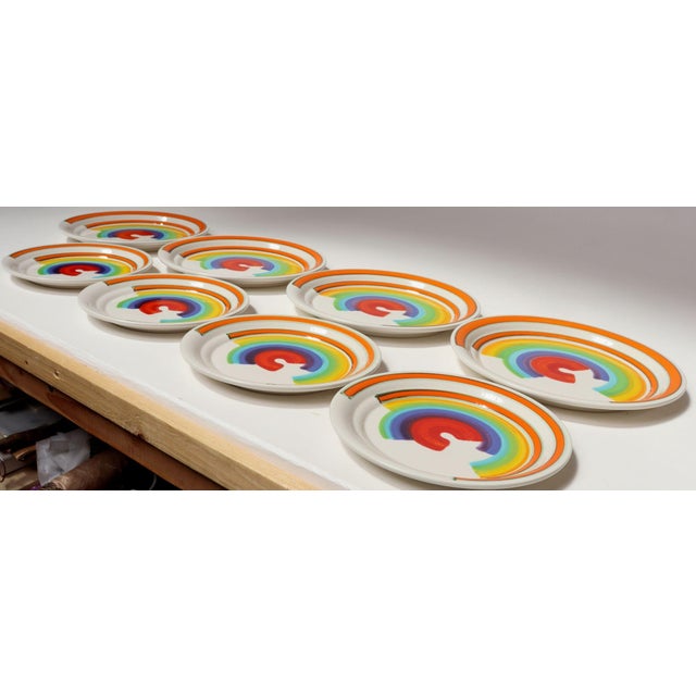 Set of Eight Italian Porcelain Salad and Dinner "Rainbow" Plates by Mancer For Sale - Image 4 of 16