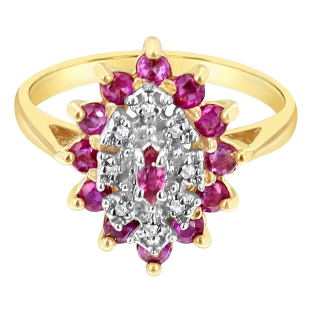Ruby Diamond Pave Cluster Ring 14k Yellow Gold, Size 3 For Sale