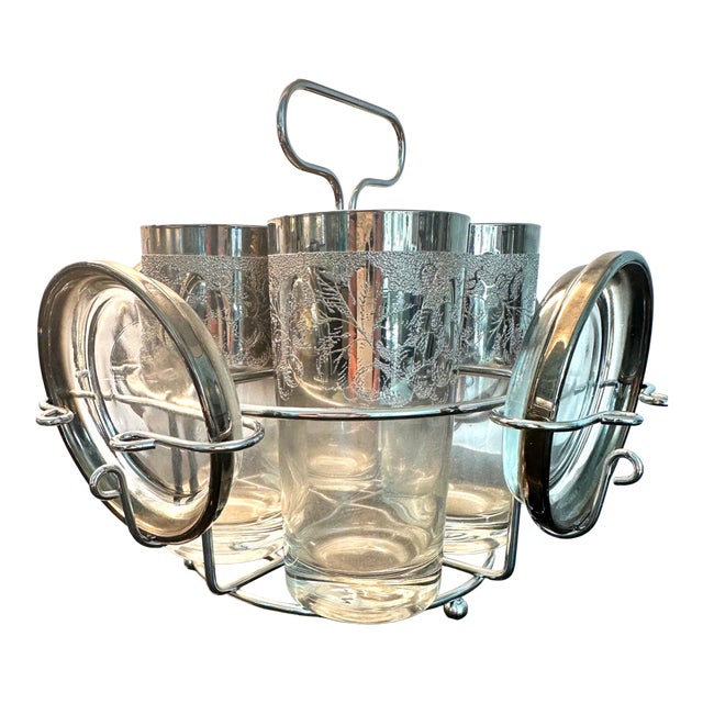 1950s Mid Century Modern Platinum Embossed Drink Set With Holder For Sale