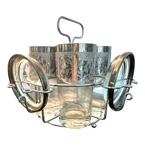 1950s Mid Century Modern Platinum Embossed Drink Set With Holder