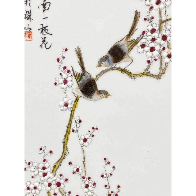 Wood Chinoiserie Hand Painted Famille Rose Porcelain Panel 50" H For Sale - Image 7 of 13