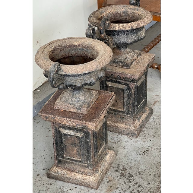 Black Antique Cast Iron Neo Classical Urns on Plinths a Pair For Sale - Image 8 of 9