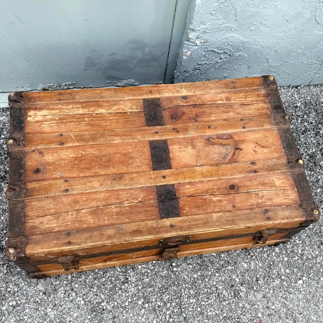 Wood Antique Low Profile Flat Top Wooden Trunk For Sale - Image 7 of 10