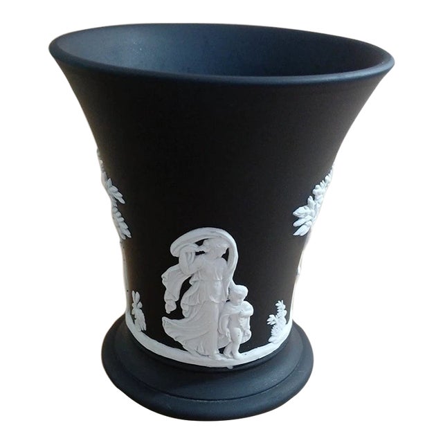 Vintage MCM Wedgwood Black Basalt Jasperware Vase For Sale