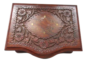 Antique Walnut Hand Carved W/ Brass Inserts Jewerly Box