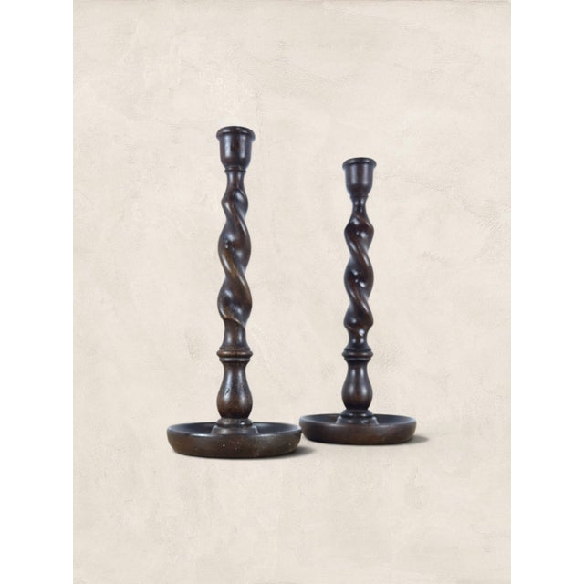 Antique English Oak Barley Twist Large Candlesticks For Sale - Image 4 of 6