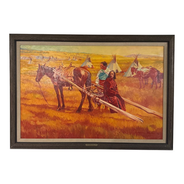 1979 William Nelson Western Native American Camp Scene Painting on Masonite – Framed For Sale