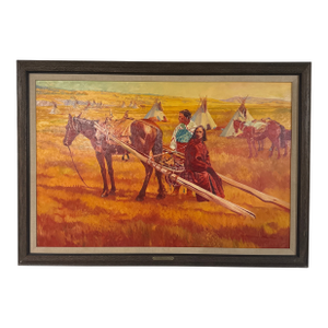 1979 William Nelson Western Native American Camp Scene Painting on Masonite – Framed