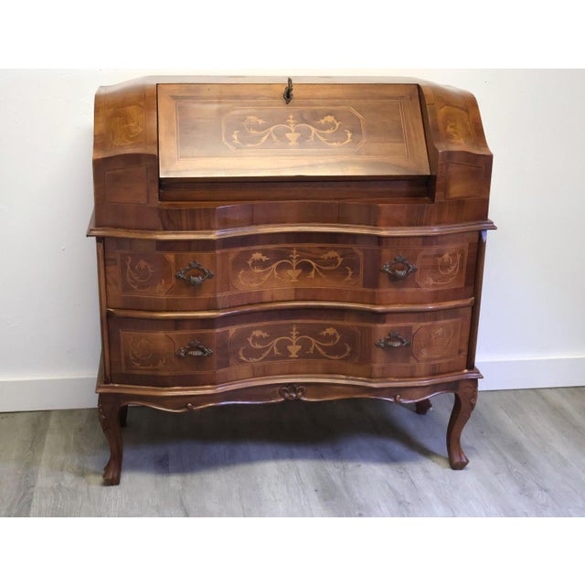 1940s Italian Bombe Walnut Marquetry Secretary Desk, Circa 1950s For Sale - Image 5 of 18