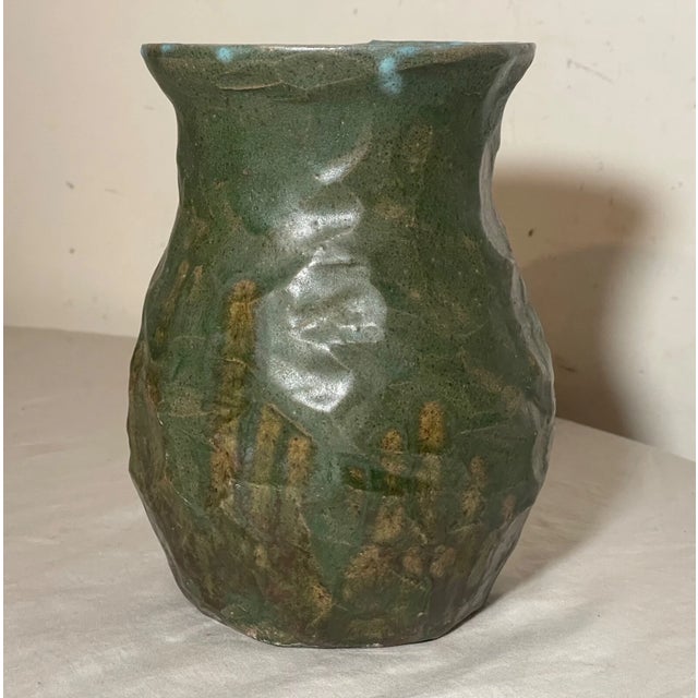 Unique Vintage Handmade Signed 74 Green Glazed Wrinkle Crinkled Art Pottery Vase For Sale In New York - Image 6 of 13
