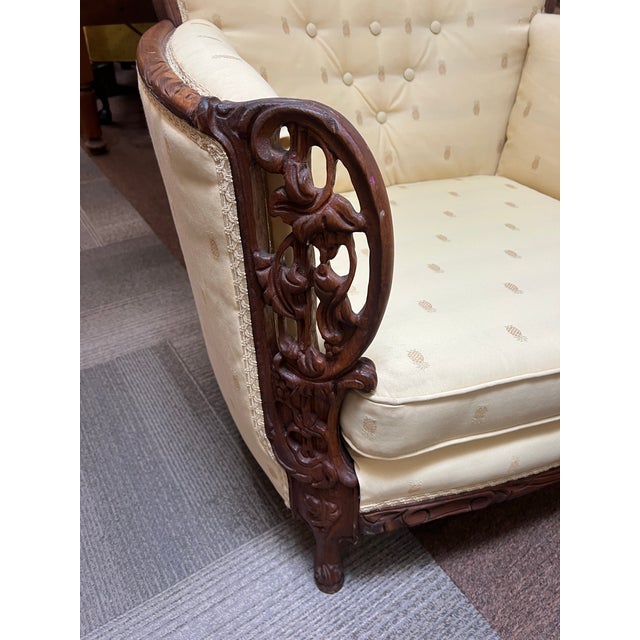 French Provincial 1920's Art Nouveau Carved Walnut Lounge Club Chair Pineapple Upholstery For Sale - Image 3 of 11