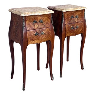 Antique Louis XV French Marquetry Marble Top Nightstands, Set of 2 For Sale