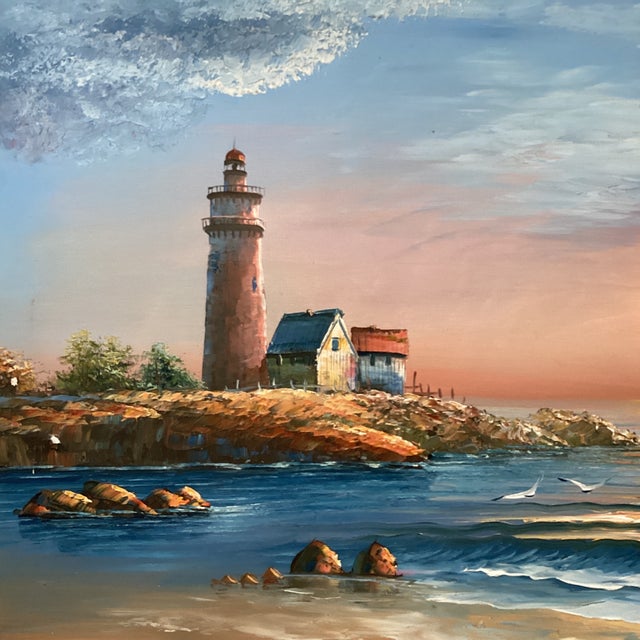 Impressionist Vintage Seascape Lighthouse Sunset on the Beach Oil Painting on Canvas by M . Gartland For Sale - Image 3 of 12