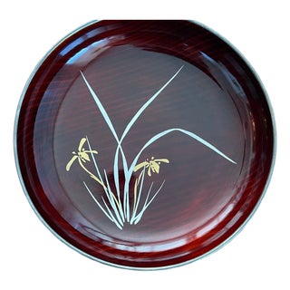 1960s Zohiko Kyoto 9" Japanese Lacquerware Maki-e Orchid Wood Tray Showa For Sale