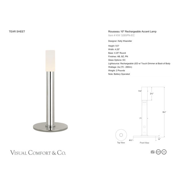 Kelly Wearstler by Visual Comfort Signature Rousseau 10" Rechargeable Accent Lamp in Polished Nickel with Etched Crystal...