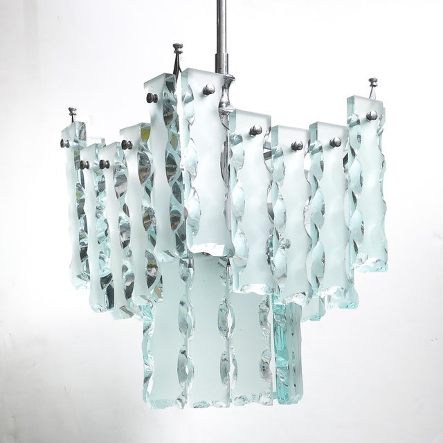 Light Green Mid-Century Modernist Style of Fontana Arte Geometric Knapped Glass Pendant For Sale - Image 8 of 16