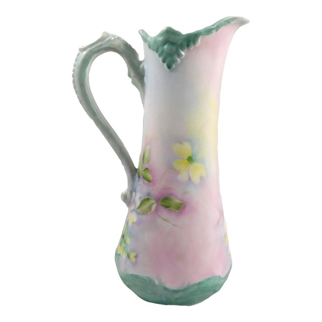 1970s Boho Chic Purple and Green Unmarked Pitcher With Yellow Flowers For Sale