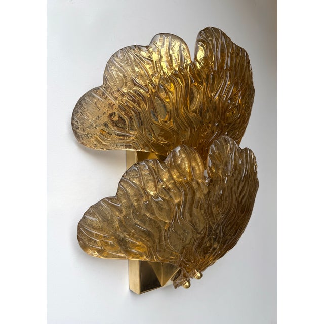 Contemporary Brass and Gold Murano Glass Palm Sconces, Italy - a Pair For Sale - Image 9 of 12