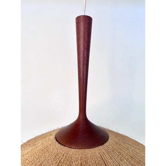 Mid-Century Modern Teak and Sisal Cord Weave Hanging Lamp from Temde Leuchten, Germany, 1950s For Sale - Image 3 of 12