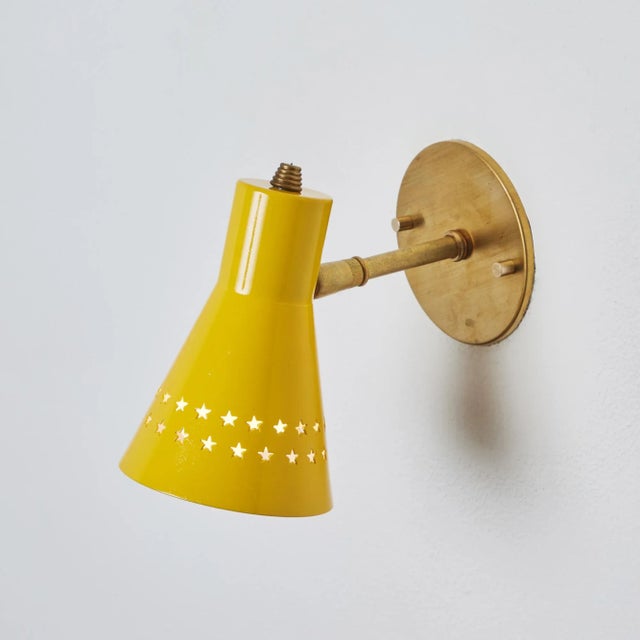 Metal 1950s Robert Mathieu Perforated Yellow Metal and Brass Wall Sconce For Sale - Image 7 of 12