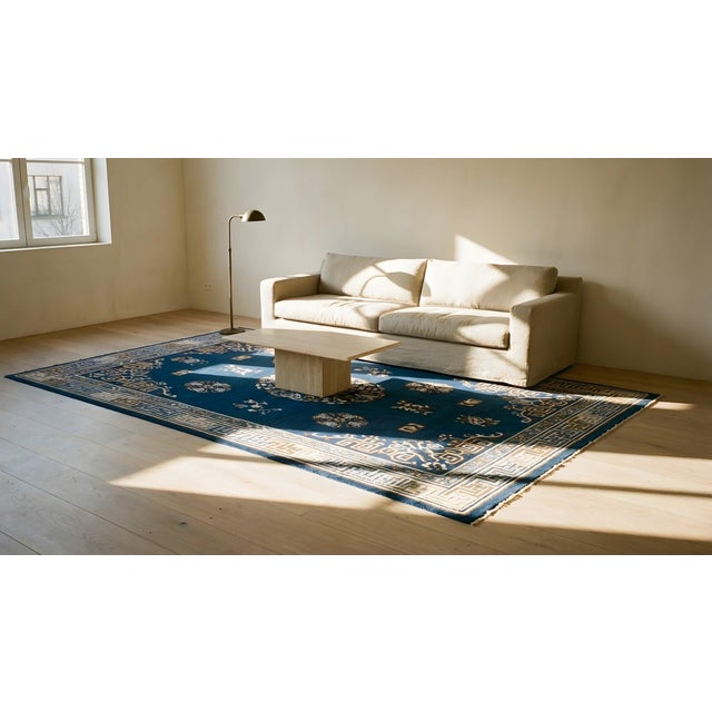 Distinguished Floral-Medallion Design on Navy Background Color Antique Chinese Peking Rug For Sale - Image 15 of 15
