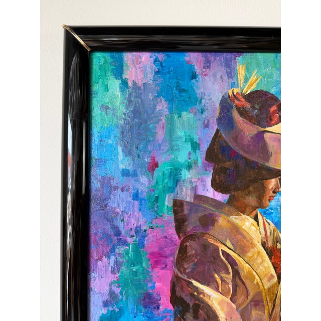 1980s 1980’s Marion Swartz Japanese Lady Oil Painting – Vibrant Impressionist Portrait, Black Lacquer Frame For Sale - Image 5 of 11