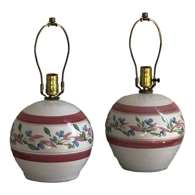 Vintage Hand-Glazed Floral Pottery Lamps — a Pair For Sale