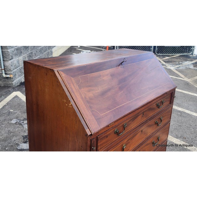 Chippendale Antique 19th Century Inlaid Mahogany Chippendale Style Slant Top Desk, 1880 For Sale - Image 3 of 16