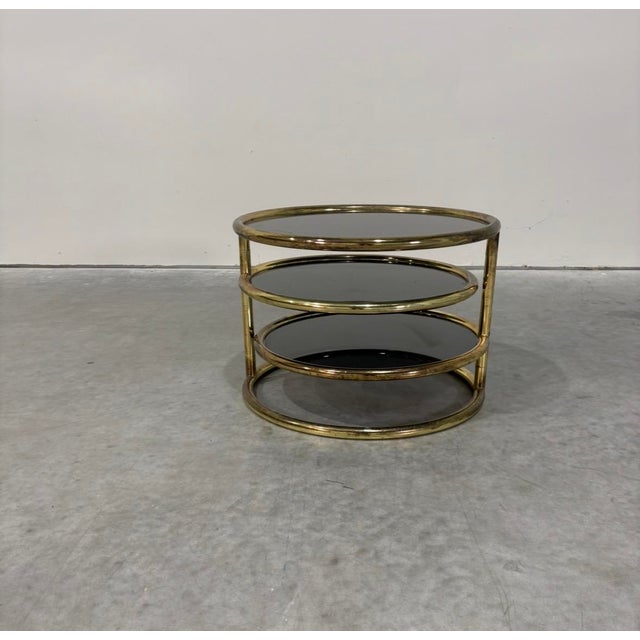 Metal Postmod Gold & Smoked Glass Swivel Tiered Coffee Table For Sale - Image 7 of 11