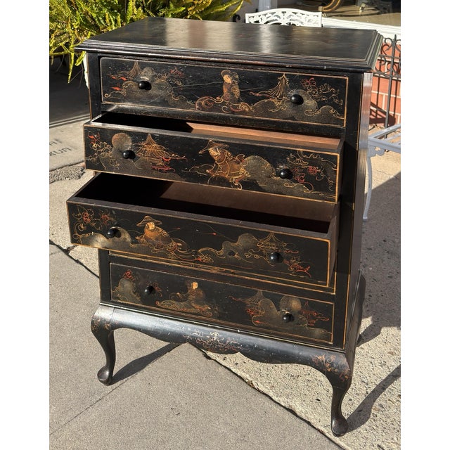 1920s Antique Chinoiserie Black & Gold Tall Chest of Drawers For Sale - Image 5 of 6
