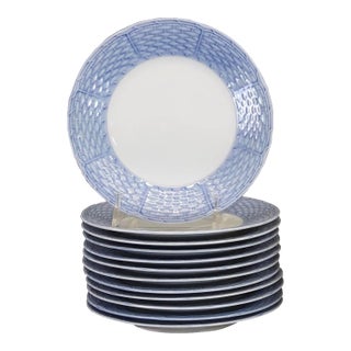 English Porcelain Blue and White Basketweave Plates for Salad, Cake or Hors d'Oeuvres - Set of 12 For Sale