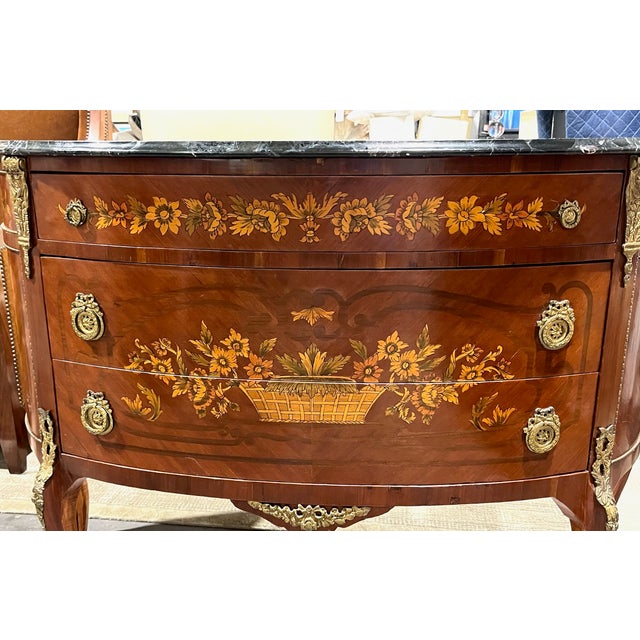 Early 20th Century Louis XV Style Demi Lune Marquetry Commode With Marble Top For Sale In Tampa - Image 6 of 12