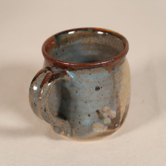 Set of Vintage 1982 Studio Pottery Ceramic Mugs With Mixed Glaze and Floral Motifs For Sale - Image 10 of 15