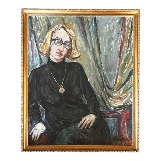 Vintage Gilt Framed Expressionist Oil on Canvas Estate Portrait Painting of Lady, Signed, 1960 For Sale