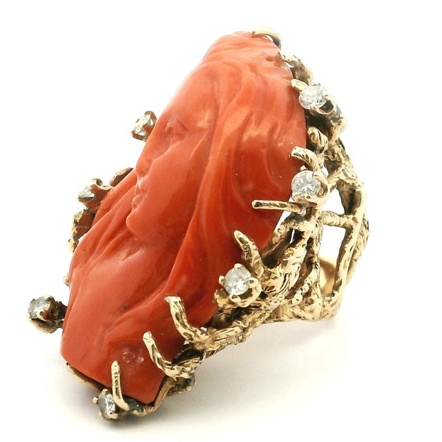 Italian Carved Red Coral Diamond 14k Gold Statement Ring, Circa 1970s, Size 6.25 For Sale - Image 11 of 13