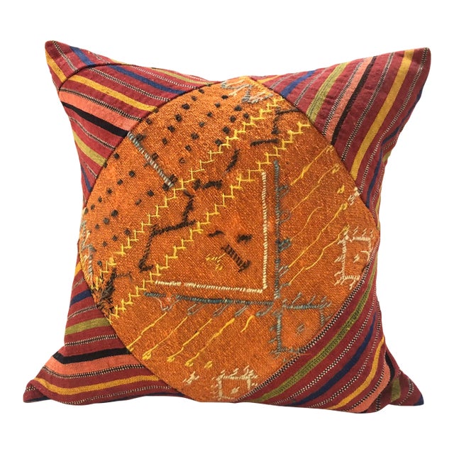 Antique Red & Orange Woven Patchwork Turkish Square Decorative Pillow For Sale