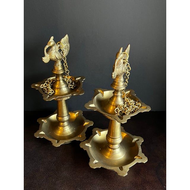 Vintage Pair of Hanging Two Tiered Brass Peacock Diyas For Sale - Image 9 of 12