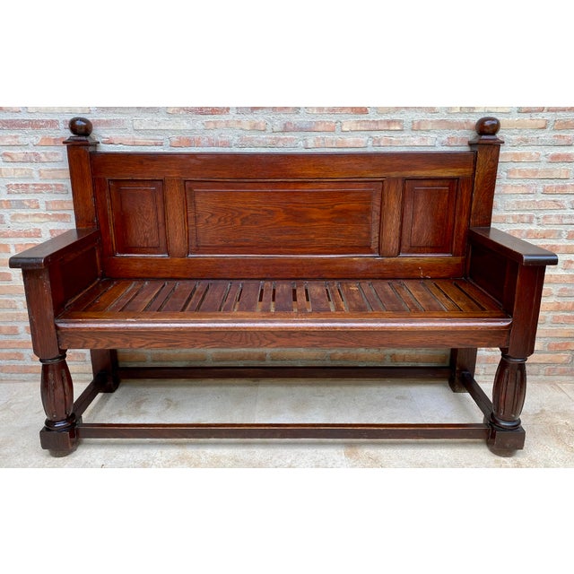 Neoclassical Antique Spanish Oak Bench With Paneled Back and Turned Legs For Sale - Image 3 of 14