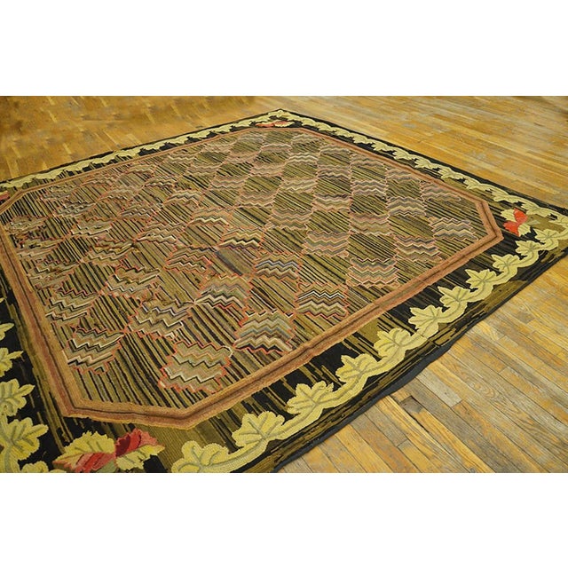 American Delightful Olive Background Color With Yellow Folk Art Border Antique American Hooked Rug For Sale - Image 3 of 7