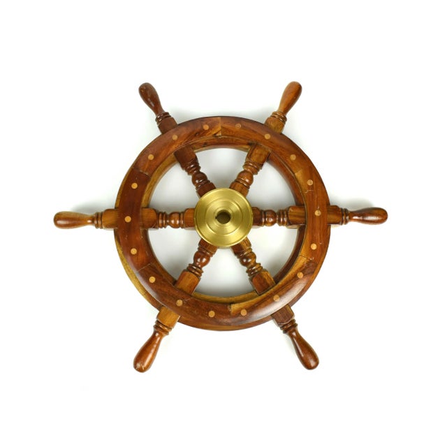 American Mid 20th Century Wood Boat Steering Wheel Wall Decor For Sale - Image 3 of 8