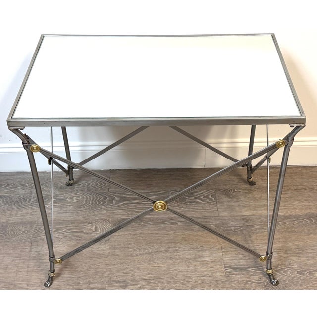 Maison Jansen Style French Neoclassical Steel & Brass Mirrored Gueridon Table For Sale In West Palm - Image 6 of 13
